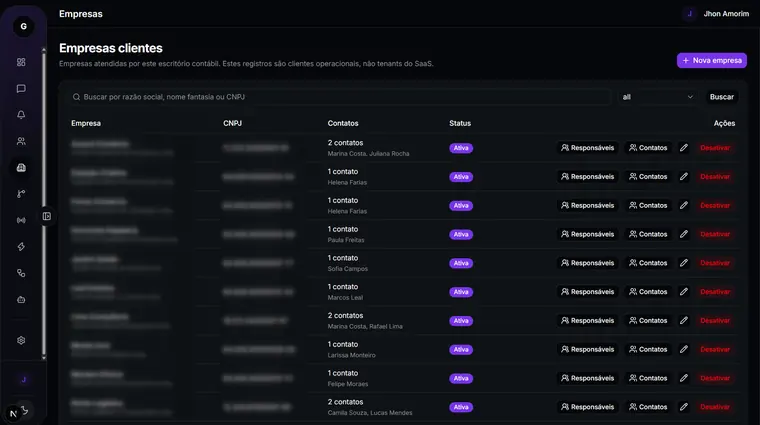 Tela de empresas do Gestfine Hub